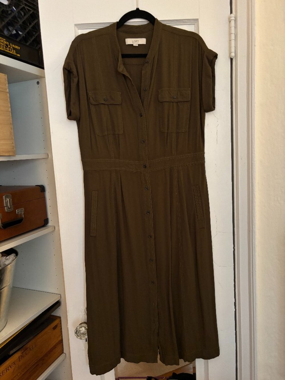 LOFT Olive Green Utility Shirt Dress Midi Button Front Size L 100% Rayon
